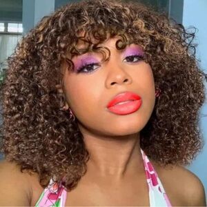 Premium Curly Kinky Wig with Bangs - Natural Brown Curls